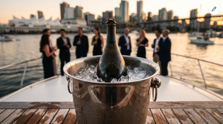 Birthday yacht charter Vancouver — champagne on deck with city skyline