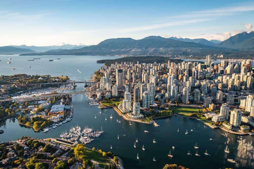 Aerial view of Vancouver with False Creek and mountains